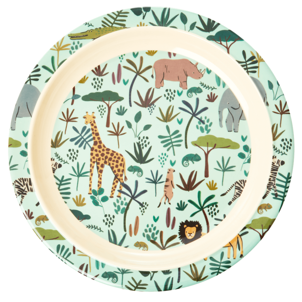 Jungle Animal Print Kids Melamine Plate Pale Green Background Rice DK